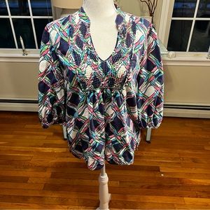 Lilly Pulitzer top. Pretty blue, white, pink, green pattern. Medium. D18